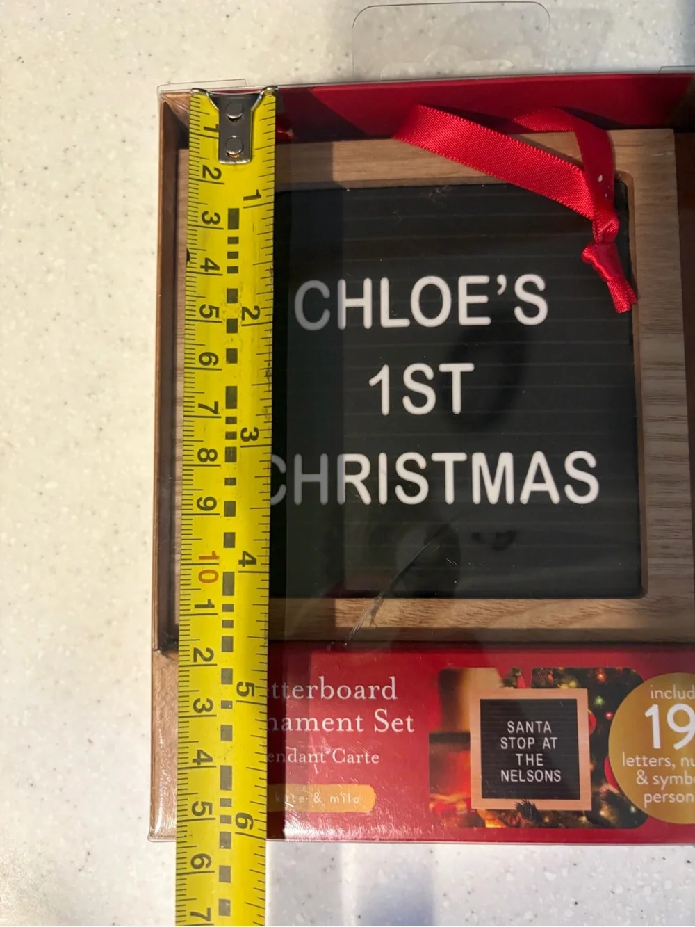 NEW Personalized Letterboard Ornament. Black & Wood, Red Ribbon. Christmas Decor